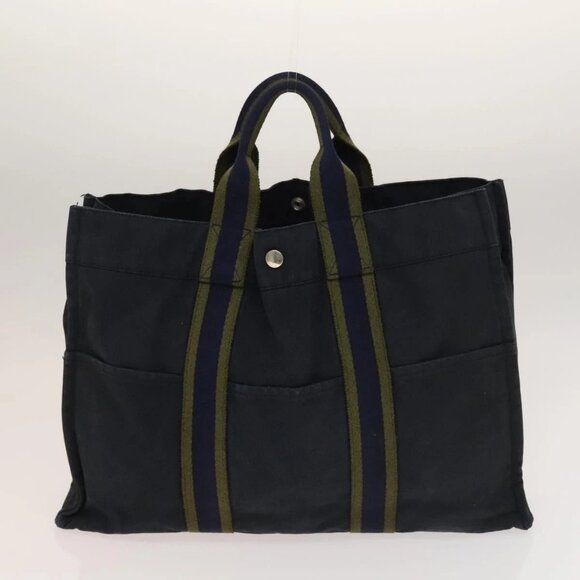 HERMES Fourre Tout MM Tote Bag Canvas 2Set Navy Black - Picture 9 of 16